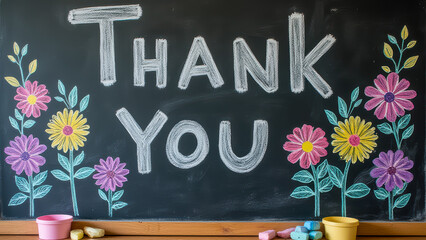 Colorful Chalkboard With Thank You Message Surrounded By Vibrant Flowers, Perfect For Celebrations, Appreciation Events, Or Educational Decor