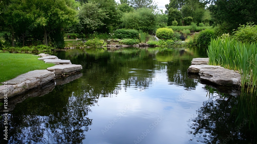 Poster Serene Reflection in a Tranquil Garden Pond Surrounded by Lush Greenery and Vibrant Nature : Generative AI