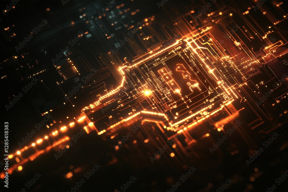 Poster key icon embedded in glowing computer circuit board design showcasing digital connectivity and techn