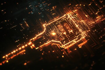 Key icon embedded in glowing computer circuit board design showcasing digital connectivity and technology, key icon with computer circuit board over light trails on black background