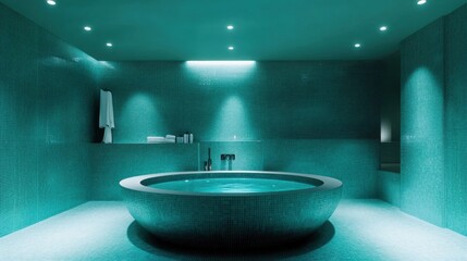 A serene, modern bathroom with turquoise tiles, a large soaking tub, and minimalist decor illuminated by recessed ceiling lights.