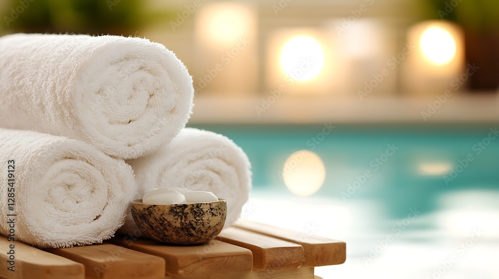 Poster relaxing spa scene with soft white towels and calm pool ambiance for wellness and self care : genera