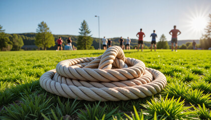Rugged battle rope coiled on fresh grass under bright sky, emphasizing endurance and fitness training