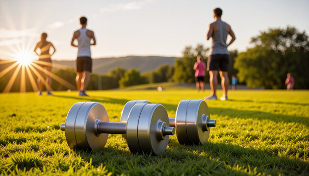 Sleek silver dumbbells on a grassy field during outdoor fitness training at sunrise