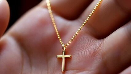 Close-up of a hand holding a gold cross pendant necklace, highlighting intricate details and texture