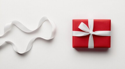 A simple yet elegant red gift box tied with a pristine white ribbon, isolated against a white background, capturing the essence of gift-giving.