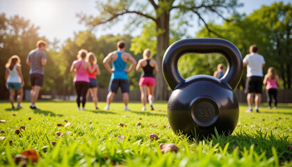 Black kettlebell resting on vibrant grass with outdoor fitness class in background, symbolizing strength and training
