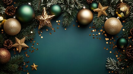 A top view photo of Christmas decorations, showcasing small shiny stars, green balls, golden star shaped confetti, and sequins, arranged on an isolated green background with empty space.