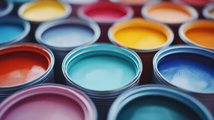 Fototapeta premium Closeup of metal tin paint cans filled with vibrant colors symbolizing creativity, artistic expression, and transformation in design. Represents renewal, home improvement, and modern aesthetics