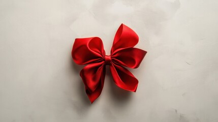 A single bright red holiday bow with a gray sheen, arranged in a flat lay style on a clean white surface, showcasing its four elegant loops.