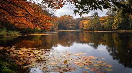 Serene Autumn Landscape Featuring a Calm Lake Surrounded by Vibrant Orange Trees and Colorful Lilies : Generative AI