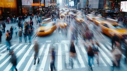 Obraz premium Busy City Intersection with Yellow Taxis and Pedestrians in Time Square New York : Generative AI