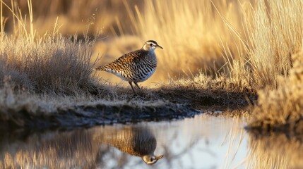 A solitary Northern Bobwhite drinking at a quiet waterhole, surrounded by tall grasses and Texas sagebrush.