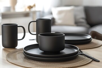 A sleek, modern black stoneware dinner set, including plates, bowls, and mugs, set on a minimalist table.