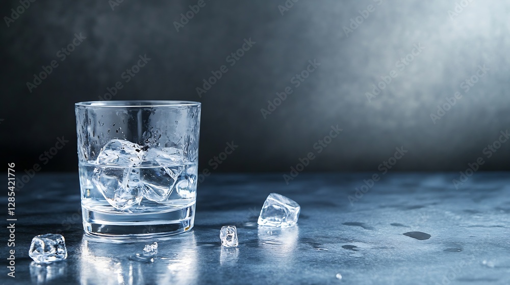 Aufkleber refreshing glass of water with ice cubes on dark background for beverage and summer cooking : genera