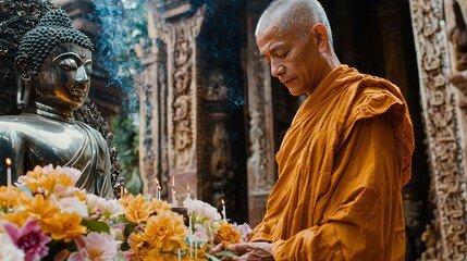 Monk Praying Before Buddha Statue with Flowers and Incense in Temple