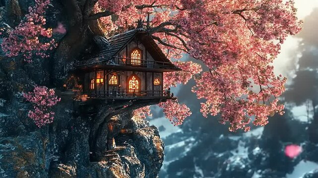 Enchanted treehouse nestled among blooming cherry blossoms on a rocky cliff during sunset