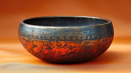 A traditional bronze singing bowl, used for sound therapy, rests on a serene orange background, promoting mindfulness and relaxation
