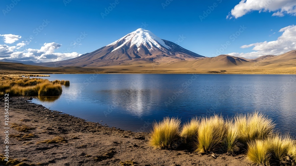 Aufkleber breathtaking view of snow-capped mountain reflected in the calm waters of a lake : generative ai