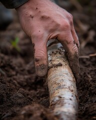 Obraz premium Close-up of a hand planting a tree sapling in dark soil. Muddy fingers gently place the young tree in the ground.
