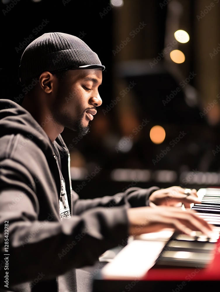 Poster talented pianist playing keys on stage with soft lighting and vibrant ambience : generative ai