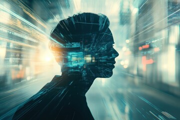 Exploring digital landscapes through media visualization in a futuristic urban environment, Digital composite of media visualisation