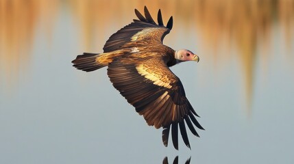 Obraz premium A striking image of a juvenile Egyptian vulture soaring over the Tagus River in Monfrage, its shadow reflected in the shimmering water.