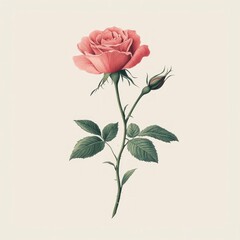 Pink Rose Illustration, Detailed Botanical