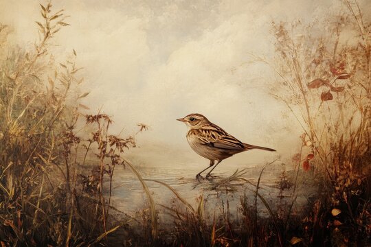 Tawny pipit foraging by a tranquil wetland during a soft morning light, Tawny pipit Anthus campestris in the wild