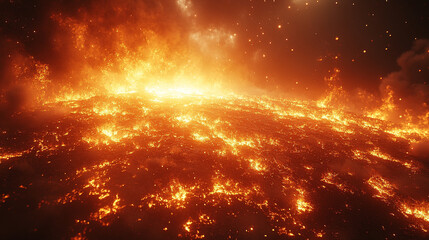 Naklejka premium Blazing sun dominates a parched landscape symbolizing global overheating Intense heat waves and cracked earth represent climate change urgency and the impact of extreme solar radiation on the planet