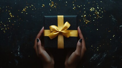 A top-down perspective of a hand offering a black gift box with a yellow satin bow, with gold sequins sparkling on a sleek black surface.