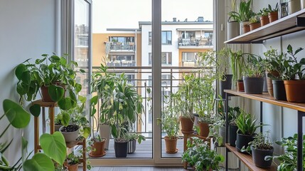 Vibrant Indoor Garden With a Variety of Plants Showcased on a Wooden Table in a Sunlit Balcony Setting