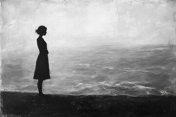 Fototapeta premium A girl stands at the edge of the vast ocean. It reflects her deepest sorrow and longing.