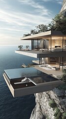 Fototapeta premium Modern Cliffside Residence With Expansive Ocean Views During Sunset in a Serene Coastal Landscape