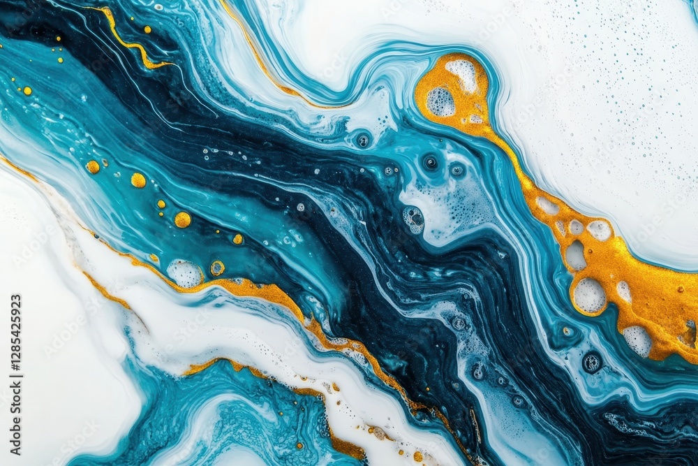 Poster Abstract depiction of slow motion water waves with vibrant blue and gold hues on a white background, Abstract water waves in slow motion on a white background View from above
