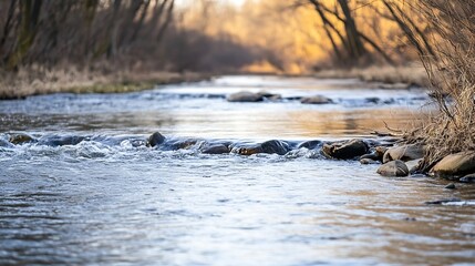 Serene Flowing River Surrounded by Trees Reflecting Warm Colors of Autumn on a Calm Day : Generative AI