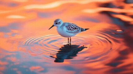Obraz premium A tranquil scene of a sanderling standing still on a tide pool, with ripples reflecting the vivid hues of sunset.