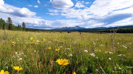 Breathtaking Summer Meadow Landscape with Vibrant Flowers and Majestic Mountains Under a Blue Sky : Generative AI