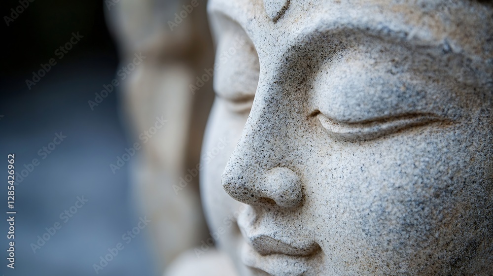 Poster close up of a serene stone buddha face with a tranquil expression capturing a moment of peace : gene