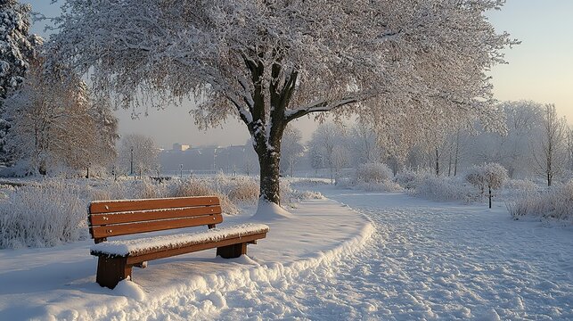 A tranquil scene captures the serene beauty of winter with a snow-dusted park bench nestled under a snow-covered tree