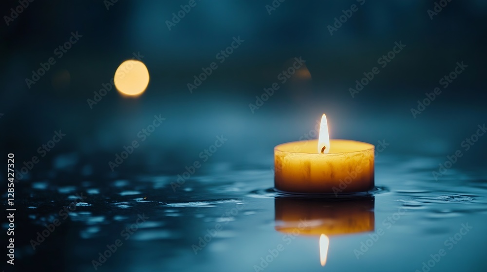 Poster elegant candle glowing on water surface creating a serene and calming atmosphere at night : generati