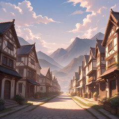 Naklejka premium 幻想的な山々と歴史的な街並みの風景 ファンタジーな世界観