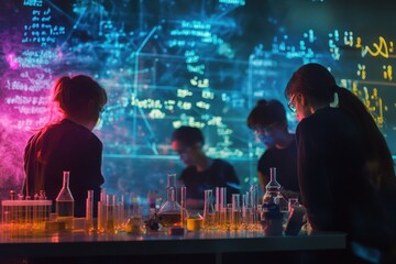 Students engage in collaborative learning with mathematical equations and vibrant experiments in a modern lab setting, mathematical equations over diverse students doing experiment in lab
