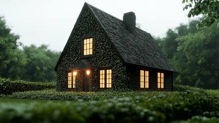 Fototapeta premium Cozy house surrounded by greenery and illuminated windows at dusk.