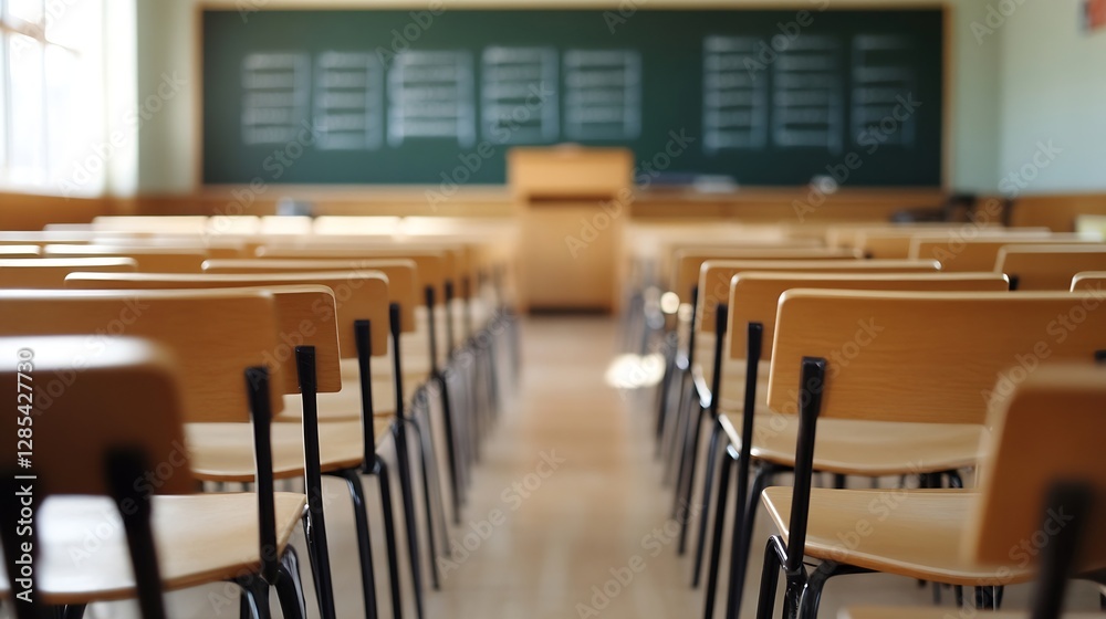 Leinwandbilder Empty classroom with wooden desks and chalkboard ready for a new lesson and learning environment : Generative AI