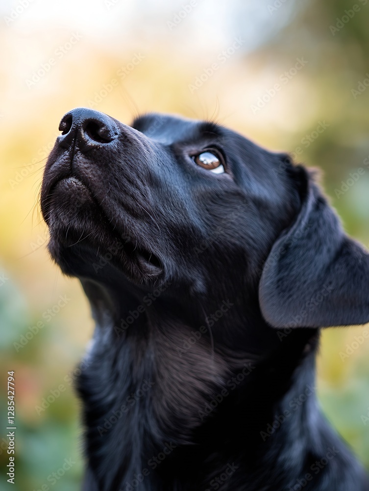 Poster Close Up Portrait of a Black Labrador Dog Looking Up with a Soft Expression in Natural Lighting : Generative AI