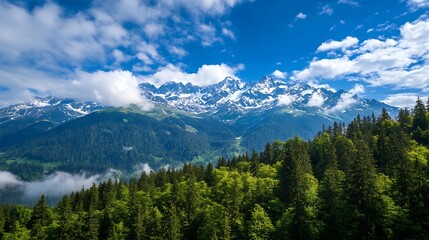 Breathtaking view of majestic mountains and lush green forest under a bright blue sky : Generative AI
