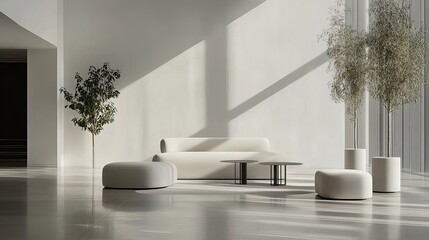 Modern office lobby with minimal design, embodying simplicity and professionalism in a clean, natural light setting.
