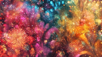 A vibrant, glitter-filled background with fireworks in full display, perfect for celebrating Christmas Eve or the th of July, bringing joy and festive energy.