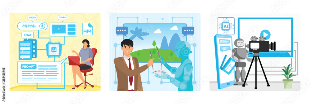 Poster artificial intelligence created generate art with prompt. ai robot creating artwork. ai art generati